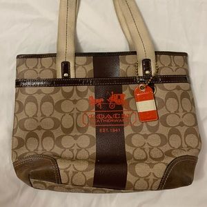 Coach Heritage Signature Stripe Tan and Brown and Red Handbag (No. K0773 11349)